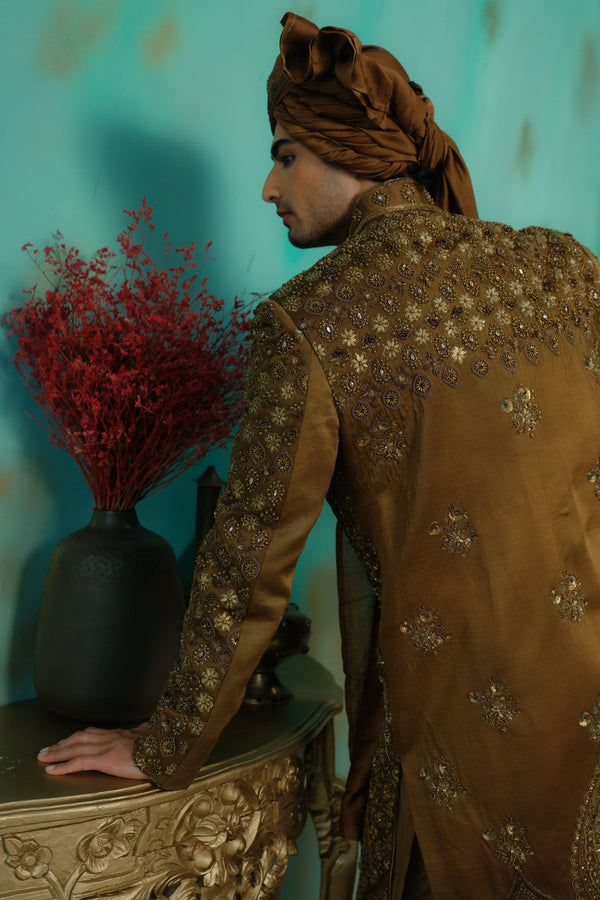 Bronze Hand Embroidered Silk Sherwani Set