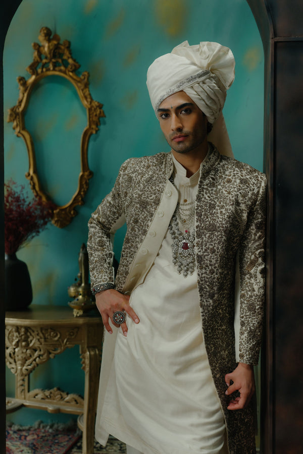 Silver Veil Hand Embroidered Silk Sherwani Set