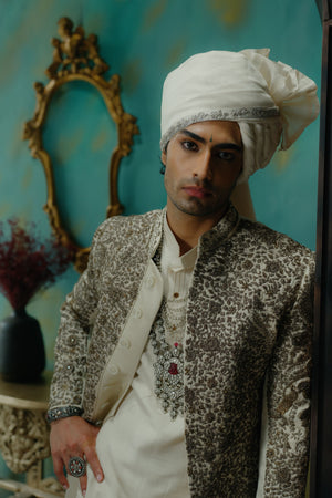Silver Veil Hand Embroidered Silk Sherwani Set