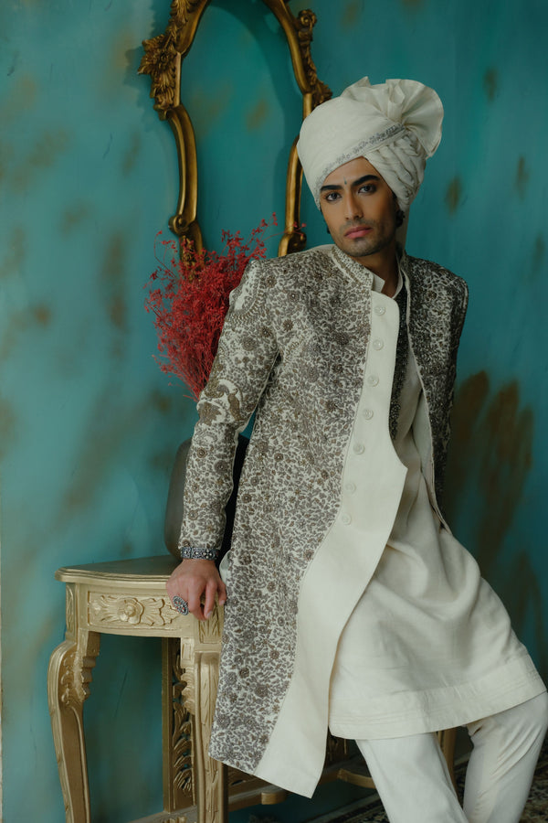 Silver Veil Hand Embroidered Silk Sherwani Set