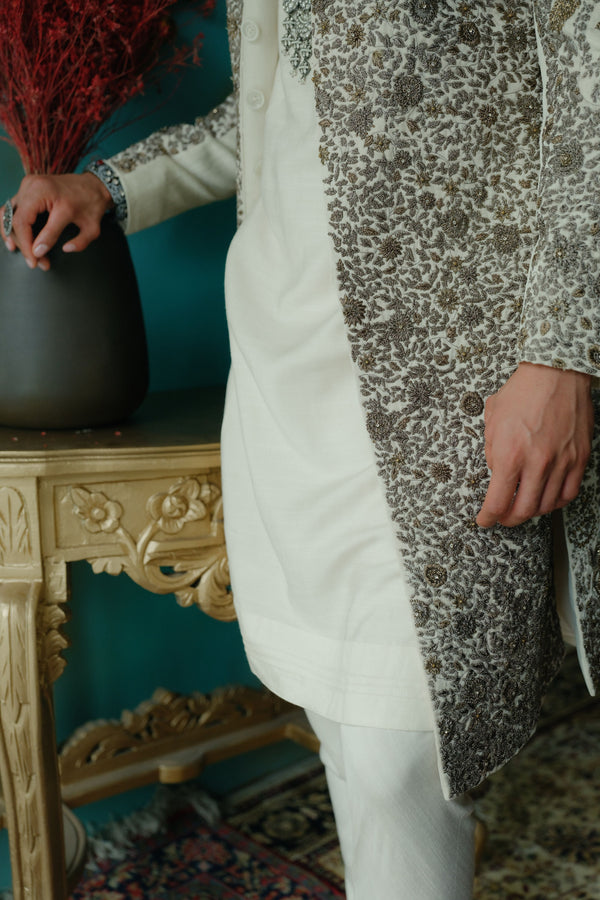 Silver Veil Hand Embroidered Silk Sherwani Set
