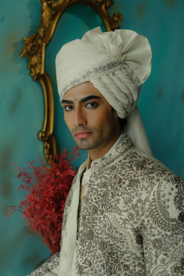 Silver Veil Hand Embroidered Silk Sherwani Set