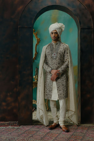 Silver Veil Hand Embroidered Silk Sherwani Set