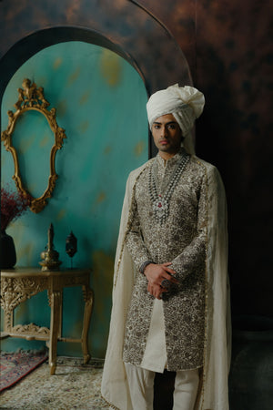 Silver Veil Hand Embroidered Silk Sherwani Set