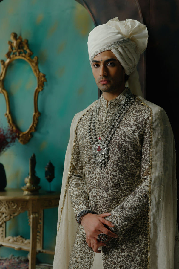 Silver Veil Hand Embroidered Silk Sherwani Set