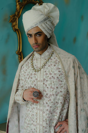 Rose Cream Hand Embroidered Silk Sherwani Set