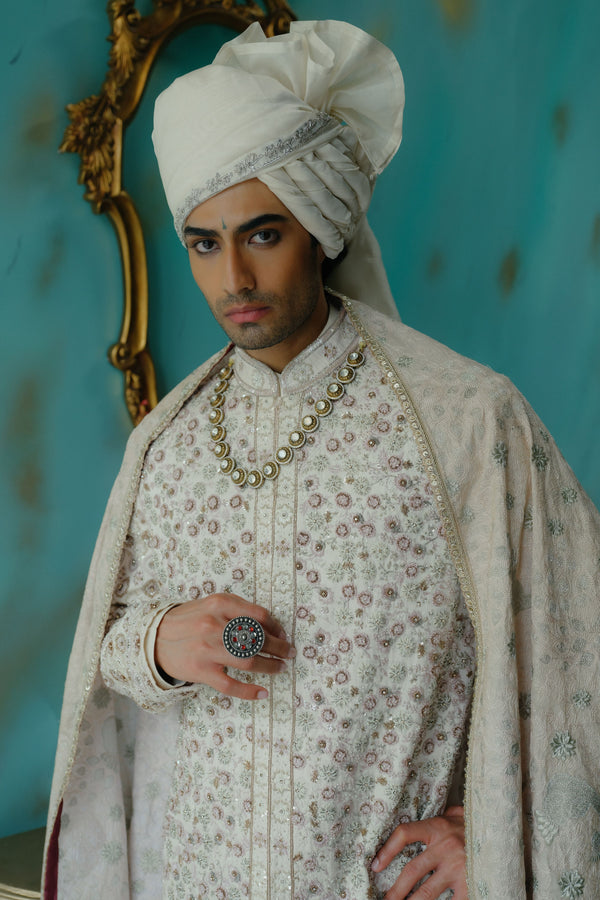 Rose Cream Hand Embroidered Silk Sherwani Set