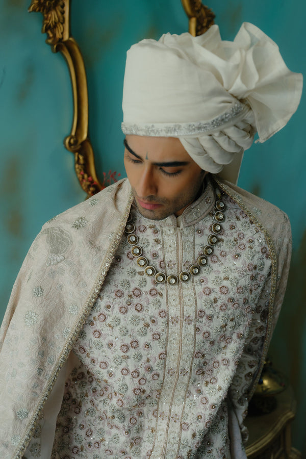 Rose Cream Hand Embroidered Silk Sherwani Set