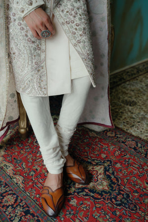 Rose Cream Hand Embroidered Silk Sherwani Set
