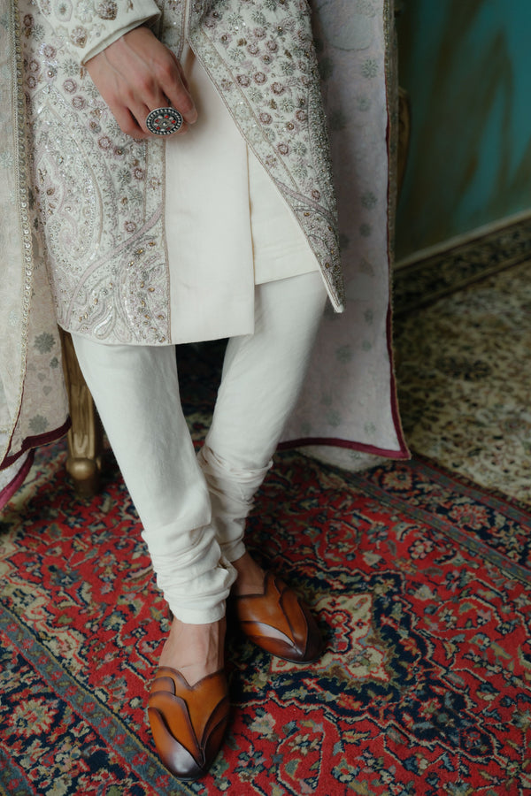 Rose Cream Hand Embroidered Silk Sherwani Set