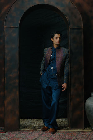 Puple And Teal Ombre Hand Embroidered Short Jacket Set