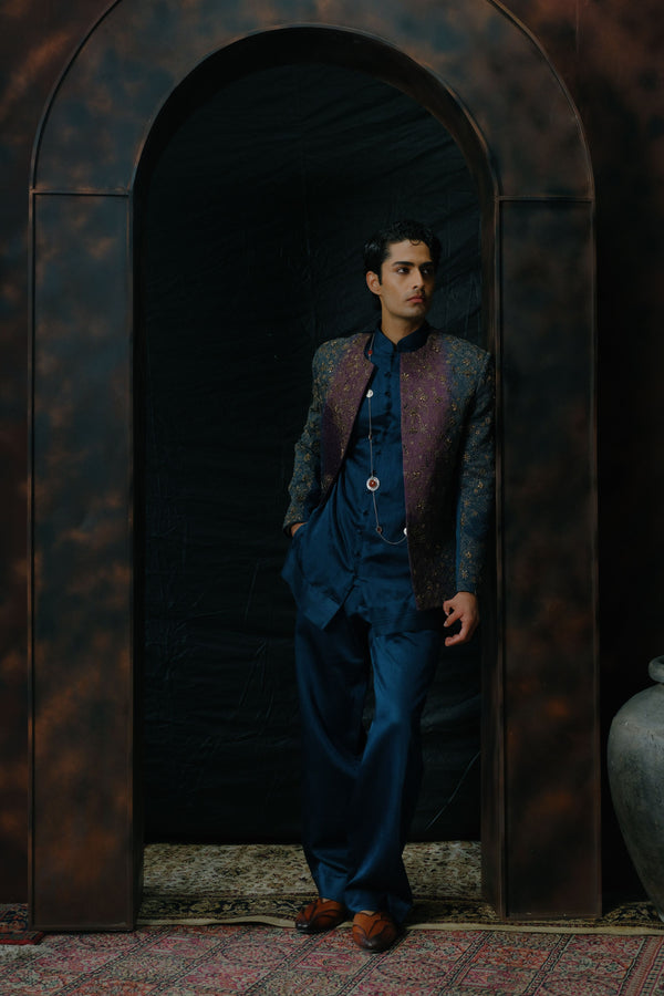 Puple And Teal Ombre Hand Embroidered Short Jacket Set