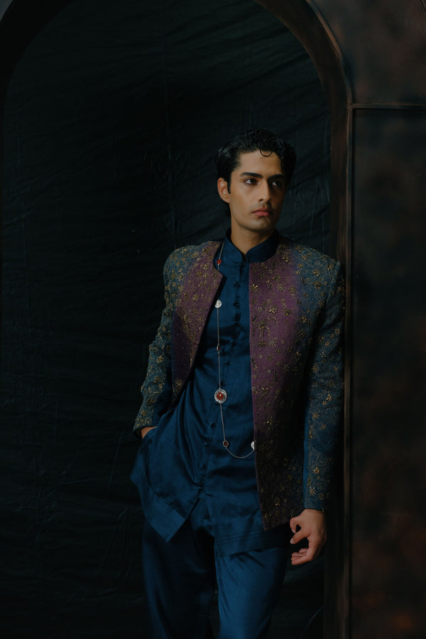 Puple And Teal Ombre Hand Embroidered Short Jacket Set