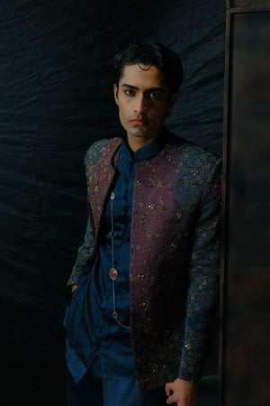 Puple And Teal Ombre Hand Embroidered Short Jacket Set