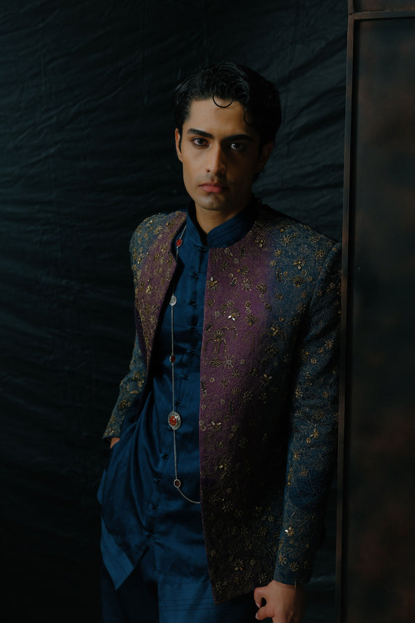 Puple And Teal Ombre Hand Embroidered Short Jacket Set