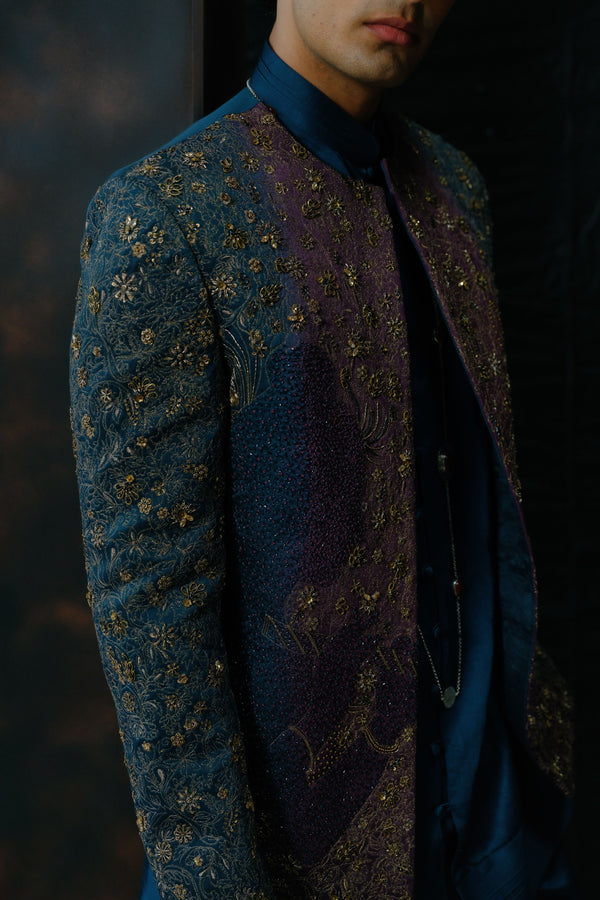 Puple And Teal Ombre Hand Embroidered Short Jacket Set
