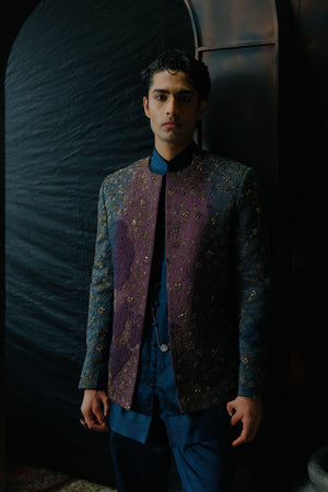 Puple And Teal Ombre Hand Embroidered Short Jacket Set