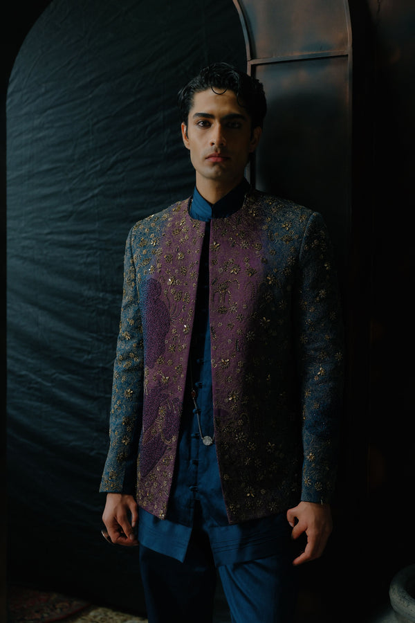 Puple And Teal Ombre Hand Embroidered Short Jacket Set