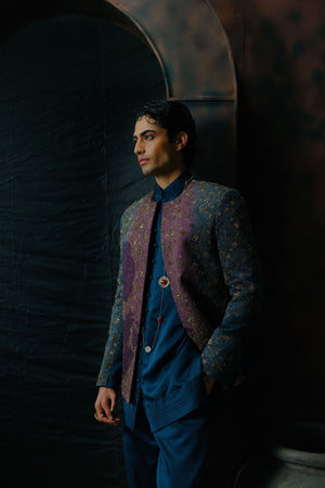 Puple And Teal Ombre Hand Embroidered Short Jacket Set