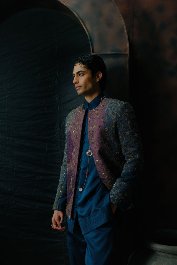 Puple And Teal Ombre Hand Embroidered Short Jacket Set