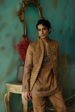 Sunlit Brass Hand Embroidered Silk Nehru Jacket Set