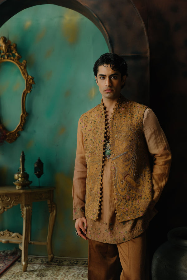 Sunlit Brass Hand Embroidered Silk Nehru Jacket Set