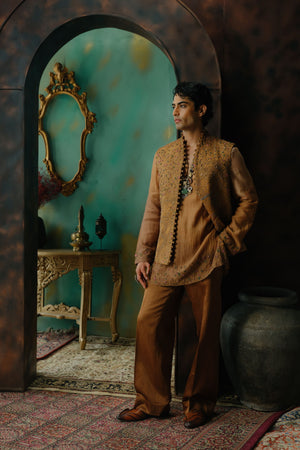 Sunlit Brass Hand Embroidered Silk Nehru Jacket Set
