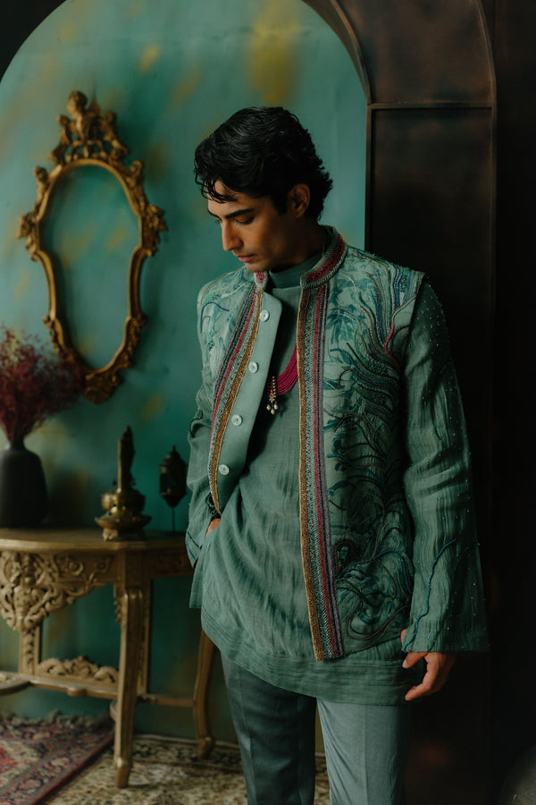 Chateau Grey Embroidered Silk Nehru Jacket Set