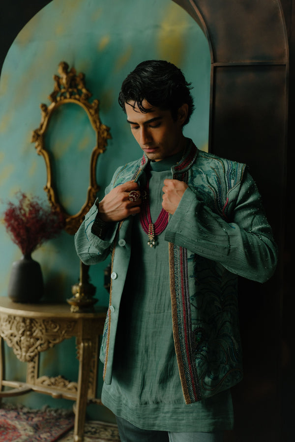 Chateau Grey Embroidered Silk Nehru Jacket Set