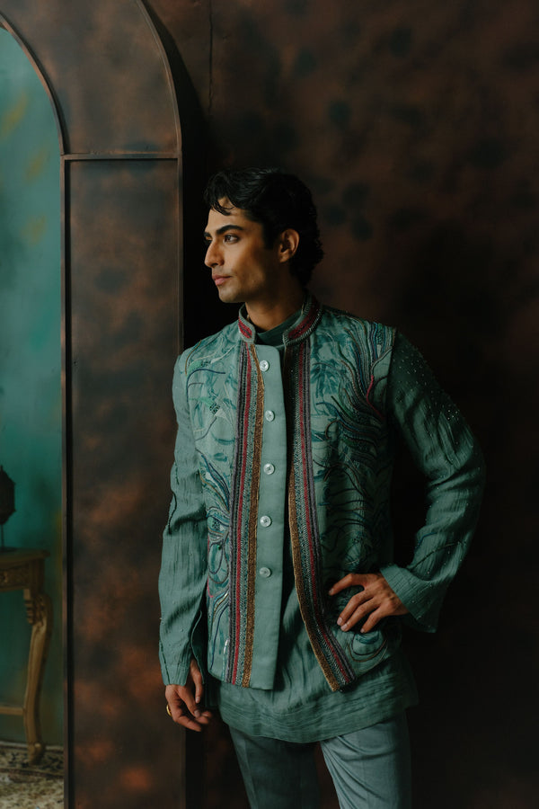 Chateau Grey Embroidered Silk Nehru Jacket Set