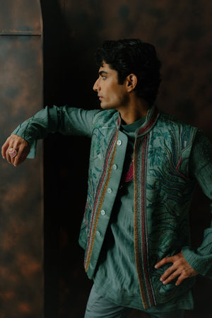 Chateau Grey Embroidered Silk Nehru Jacket Set