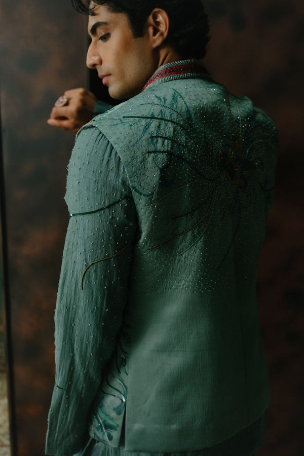 Chateau Grey Embroidered Silk Nehru Jacket Set