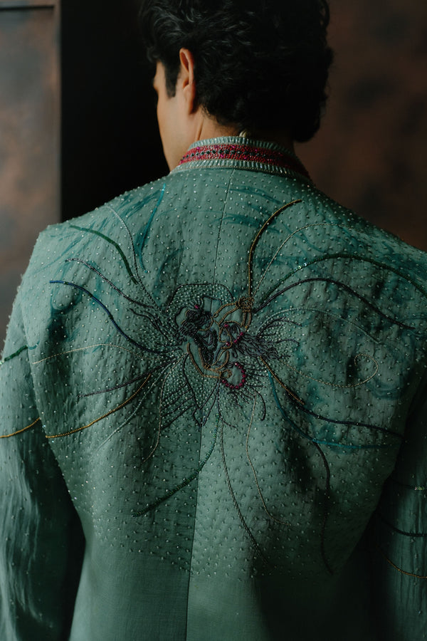 Chateau Grey Embroidered Silk Nehru Jacket Set