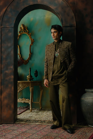 Olive Hand Embroidered Silk Short Jacket Set