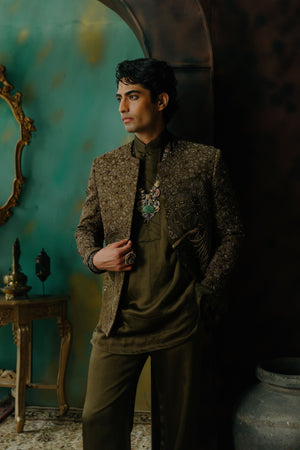 Olive Hand Embroidered Silk Short Jacket Set