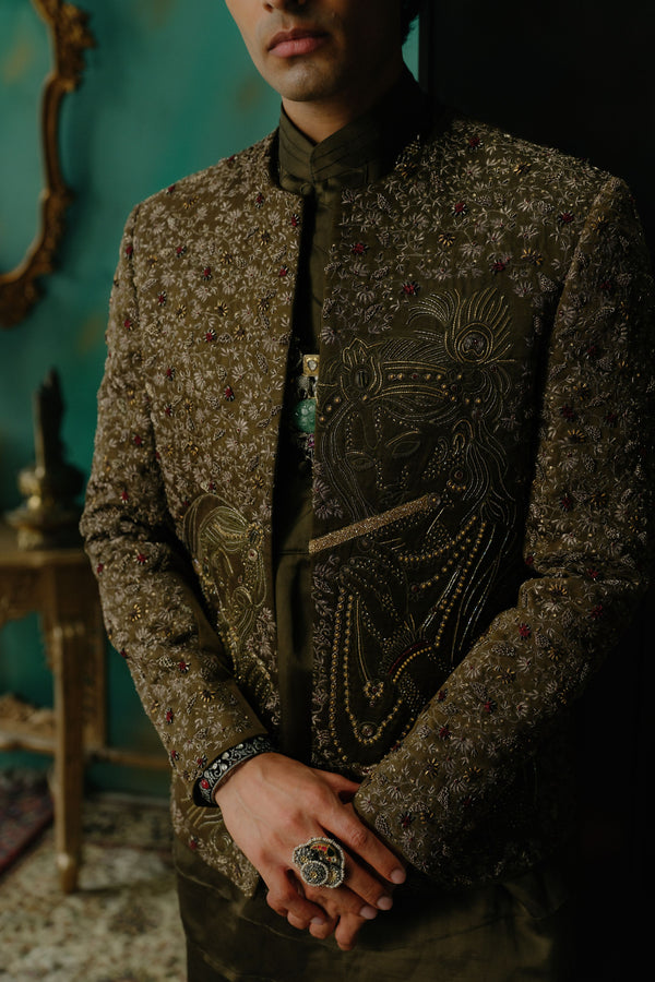 Olive Hand Embroidered Silk Short Jacket Set