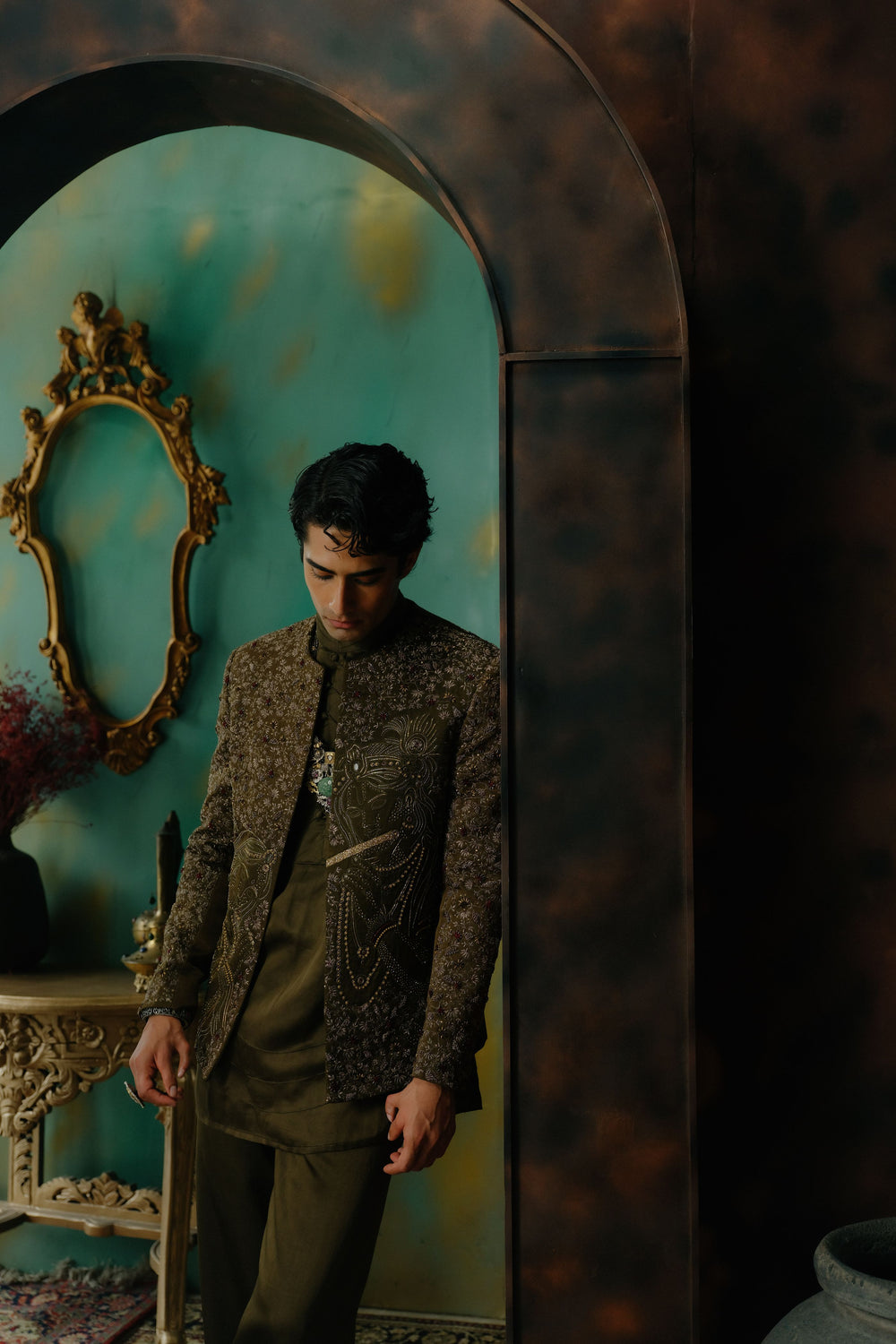 Olive Hand Embroidered Silk Short Jacket Set