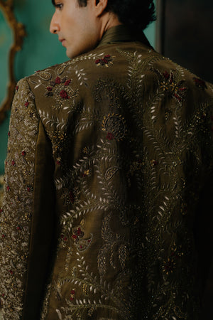 Olive Hand Embroidered Silk Short Jacket Set