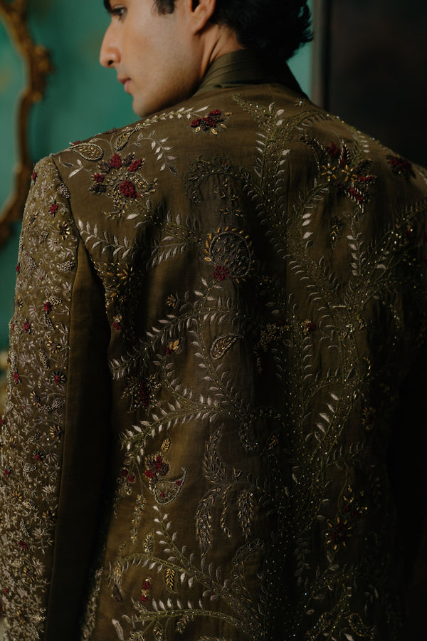 Olive Hand Embroidered Silk Short Jacket Set