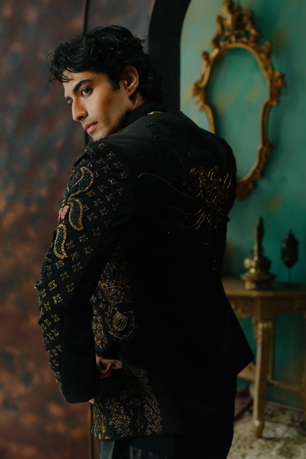 Black Hand Embroidered Short Jacket Set