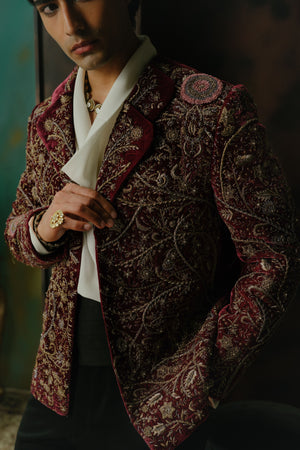Wine Hand Embroidered Velvet Blazer Set