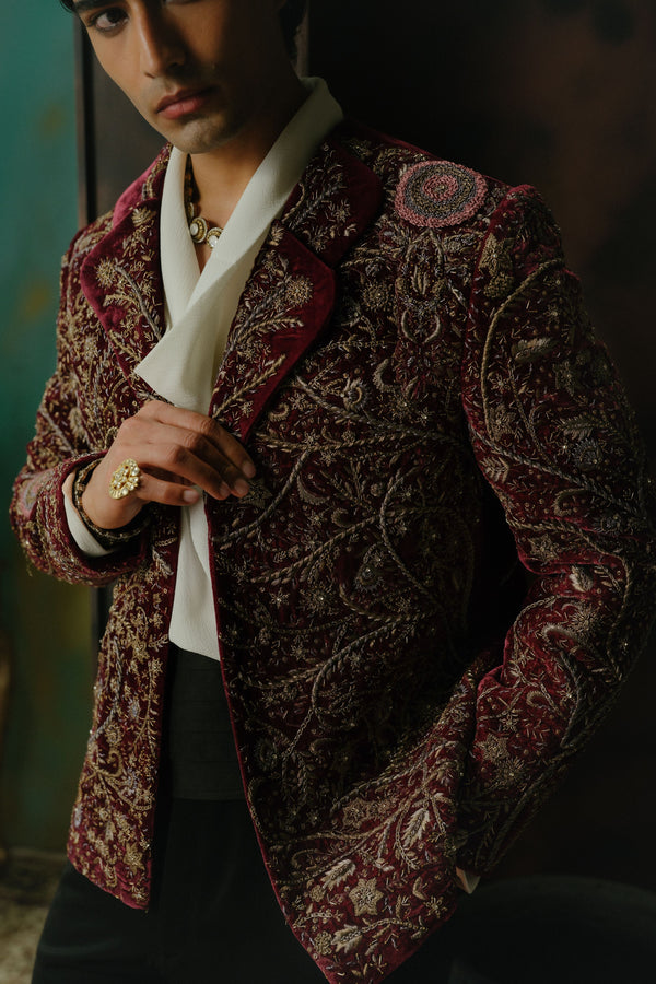 Wine Hand Embroidered Velvet Blazer Set