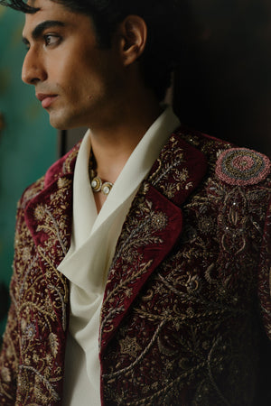 Wine Hand Embroidered Velvet Blazer Set
