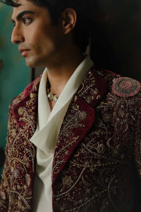 Wine Hand Embroidered Velvet Blazer Set