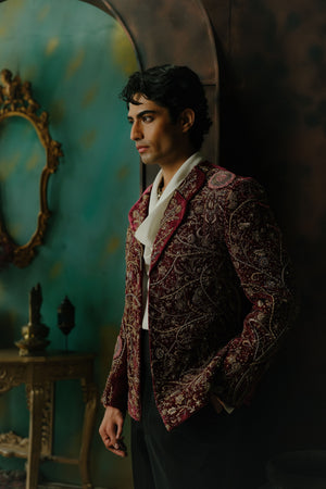 Wine Hand Embroidered Velvet Blazer Set