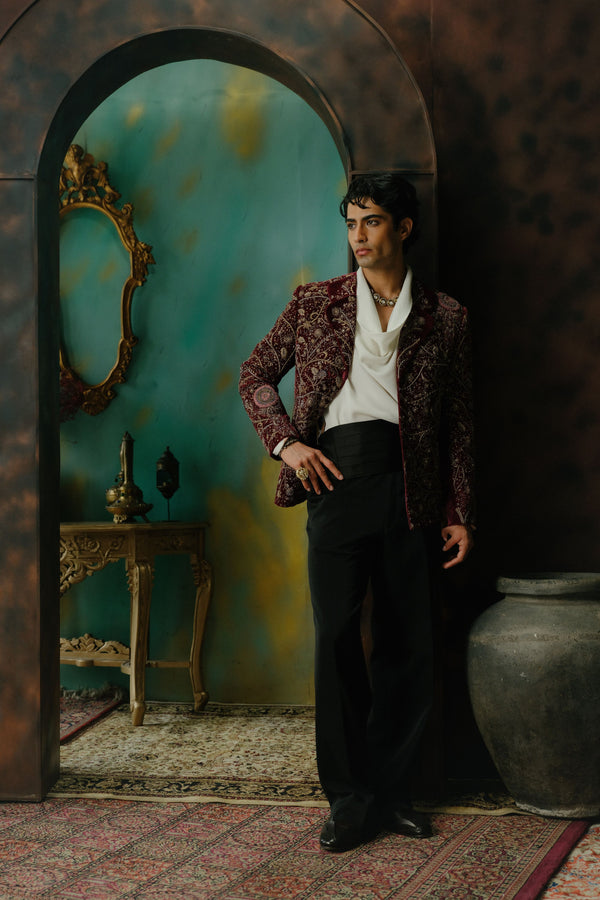 Wine Hand Embroidered Velvet Blazer Set