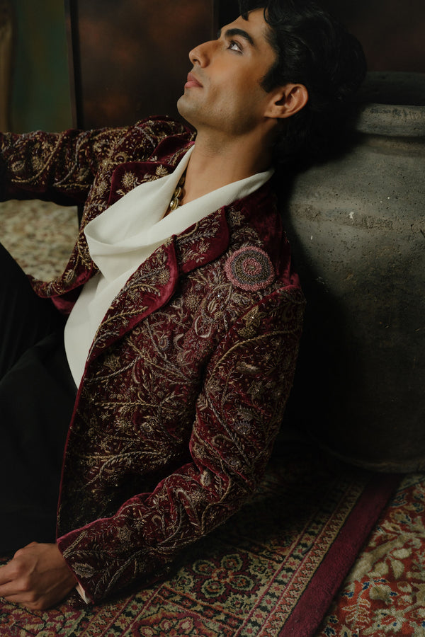 Wine Hand Embroidered Velvet Blazer Set