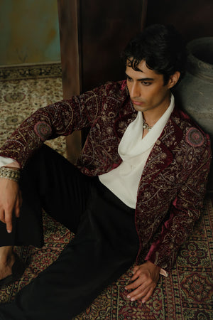 Wine Hand Embroidered Velvet Blazer Set