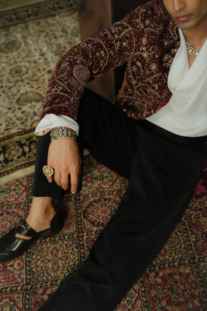 Wine Hand Embroidered Velvet Blazer Set