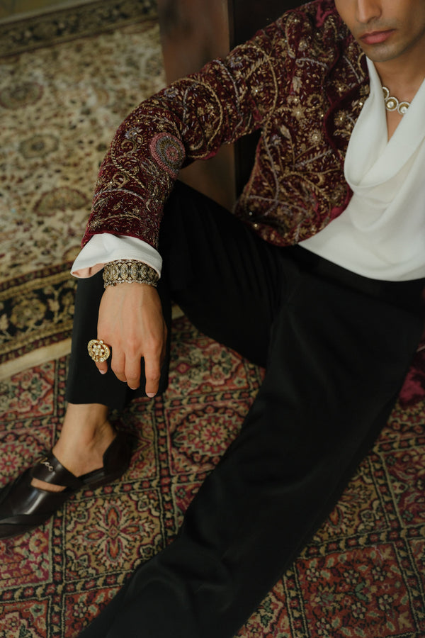 Wine Hand Embroidered Velvet Blazer Set